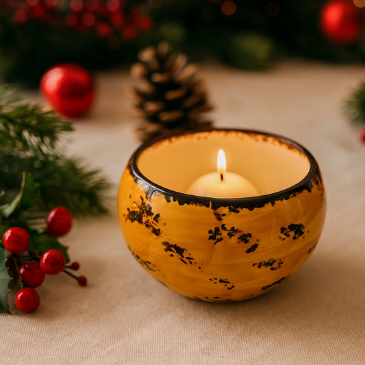 Porta Candele Zampiva in Ceramica Ambra Maculato H 11,5 cm Artigianale

