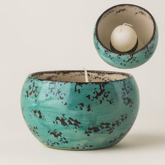 Porta Candele Zampiva in Ceramica Turchese Maculato H 11,5 cm Artigianale