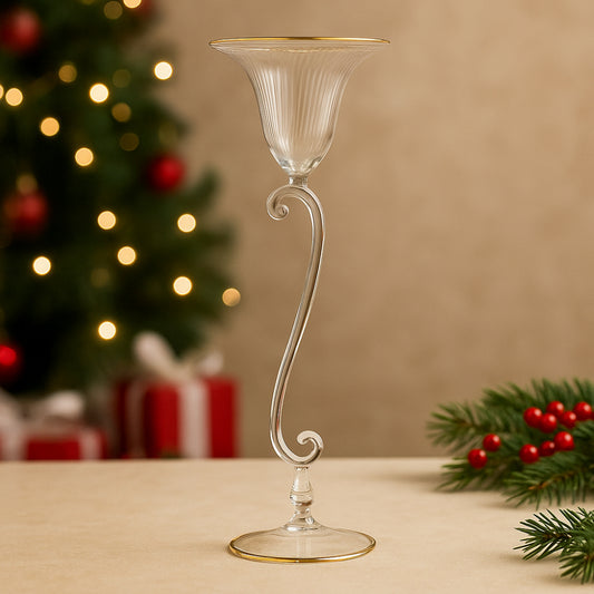 Porta candela H26 cm in vetro soffiato trasparente con filo oro elegante