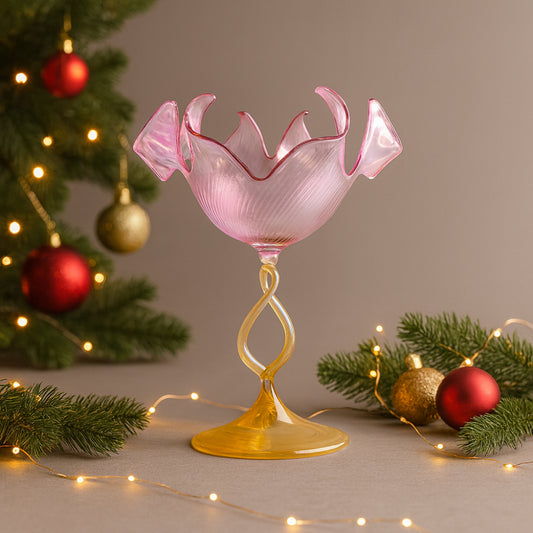 Porta candela in vetro soffiato Artevetro ambra e rosa H.18×14 cm, Made in Italy

