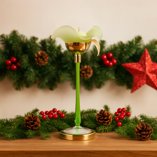 Porta candele Madrhélen Paris in vetro verde e foglia oro H 21 cm