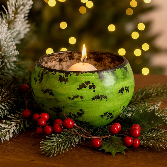 Porta candele Zampiva in ceramica verde maculato H 11,5 cm fatto a mano