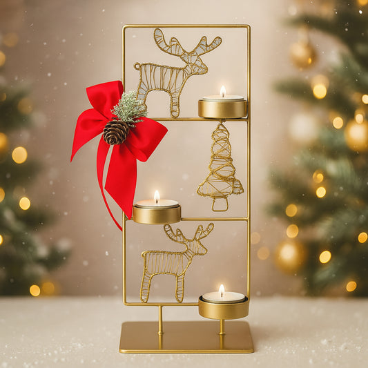 Porta candele in metallo dorato con 3 tea light – Collezione Noël per decorazioni festive