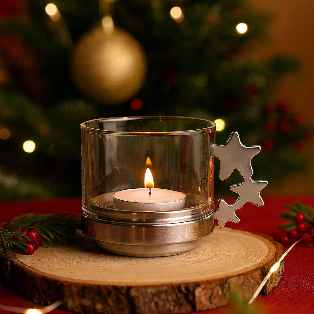 Portacandela Sambonet Stella vetro e acciaio inox H 12 cm elegante

