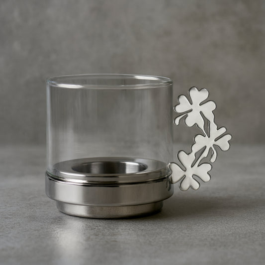 Portacandela Sambonet quadrifoglio vetro e acciaio inox H 12 cm elegante

