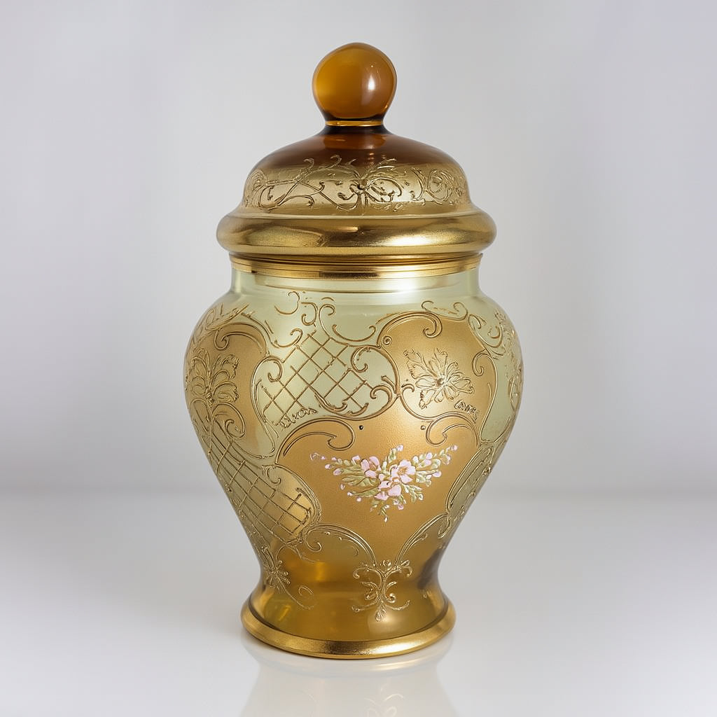Potiche in vetro ambra e oro 34 cm dipinto a mano – Le Favole

