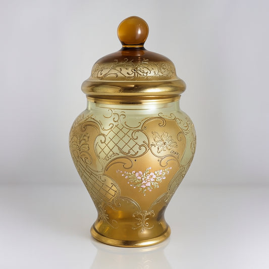 Potiche in vetro ambra e oro 34 cm dipinto a mano – Le Favole

