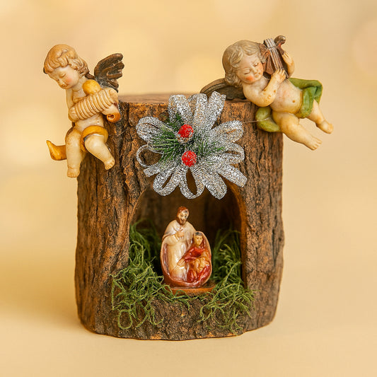 Presepe in Corteccia con Angeli Fontanini - Ø 10 x H 14 cm