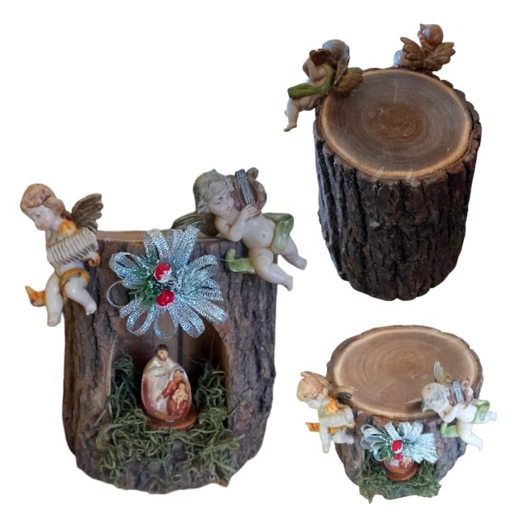 Presepe in Corteccia con Angeli Fontanini - Ø 10 x H 14 cm
