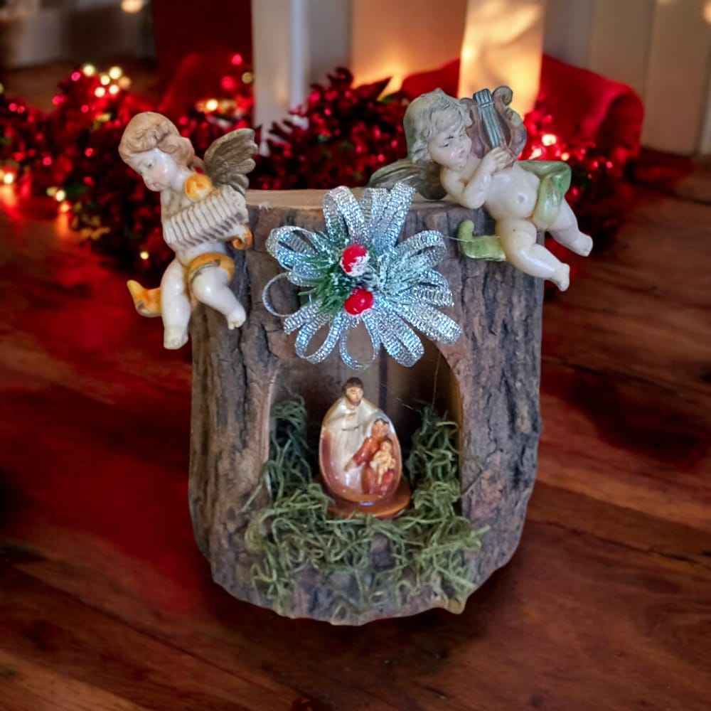 Presepe in Corteccia con Angeli Fontanini - Ø 10 x H 14 cm