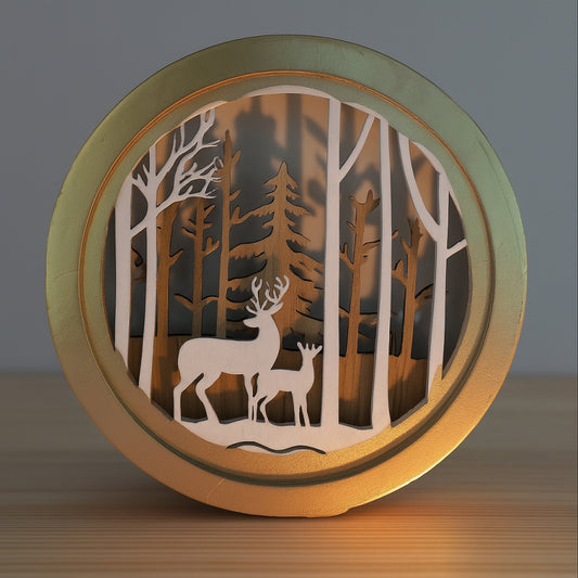 Quadretto tondo Mascagni con cornice oro e LED – paesaggio invernale 14 cm