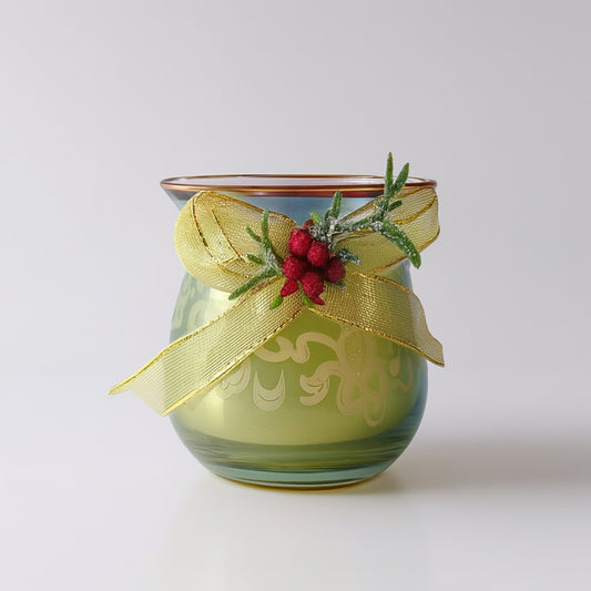 Rigatti Porta Candela Cera Profumata in Vetro Celeste decoro Giglio H.8,5x9cm