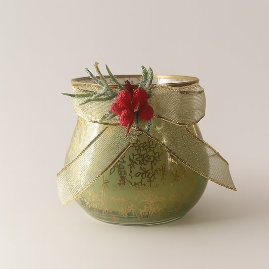 Rigatti Porta Candela con Cera Profumata in Vetro Verde e decoro oro H.7,5x8cm