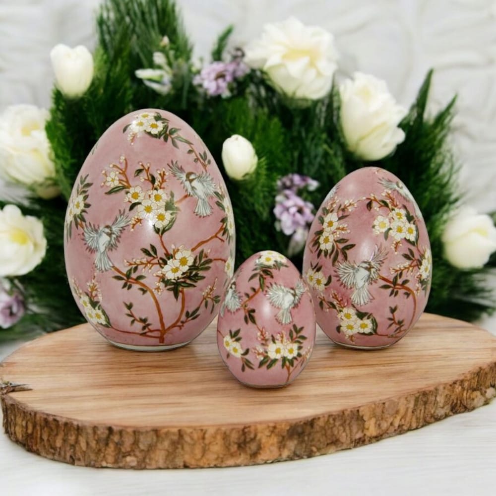 Royal Family – Uova Pasquali “Pink Garden” in Ceramica – H.16 cm e H.10,5 cm – Decoro Primaverile