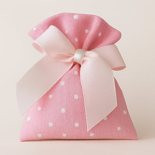 Sacchettino rosa con pois bianchi e fiocco rosa cipria