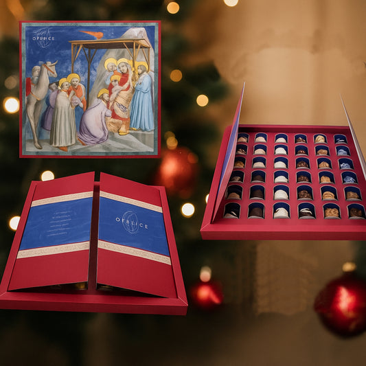 Scatola Orefice Natività con nudi e bacetti artigianali 200 g confezione natalizia elegante