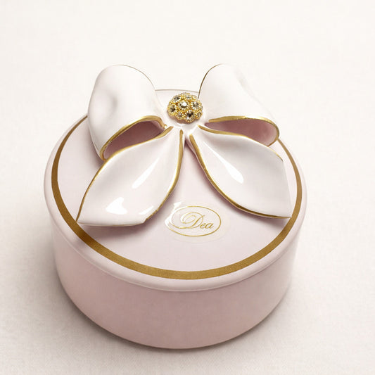 Scatola cipria con fiocco e strass in ceramica di Capodimonte Dea Capodimonte 10 cm