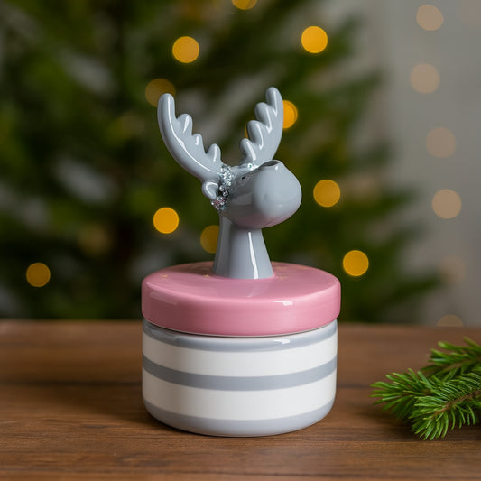 Scatola natalizia Mascagni con testa di alce rosa/grigio – Ø12 cm in porcellana
