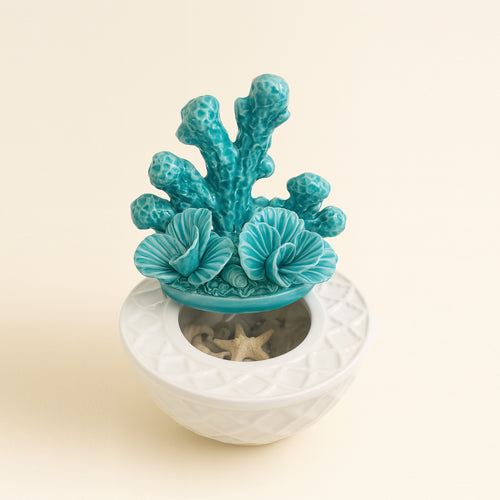 Sharon Scatola Porta Essenze Ocean Ceramica Bianco Acquamarina Ø15x17 cm