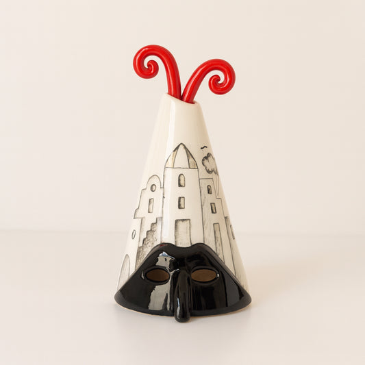 Scultura in ceramica Città di Pulcinella Terre di Scirocco B/N H19,5 cm
