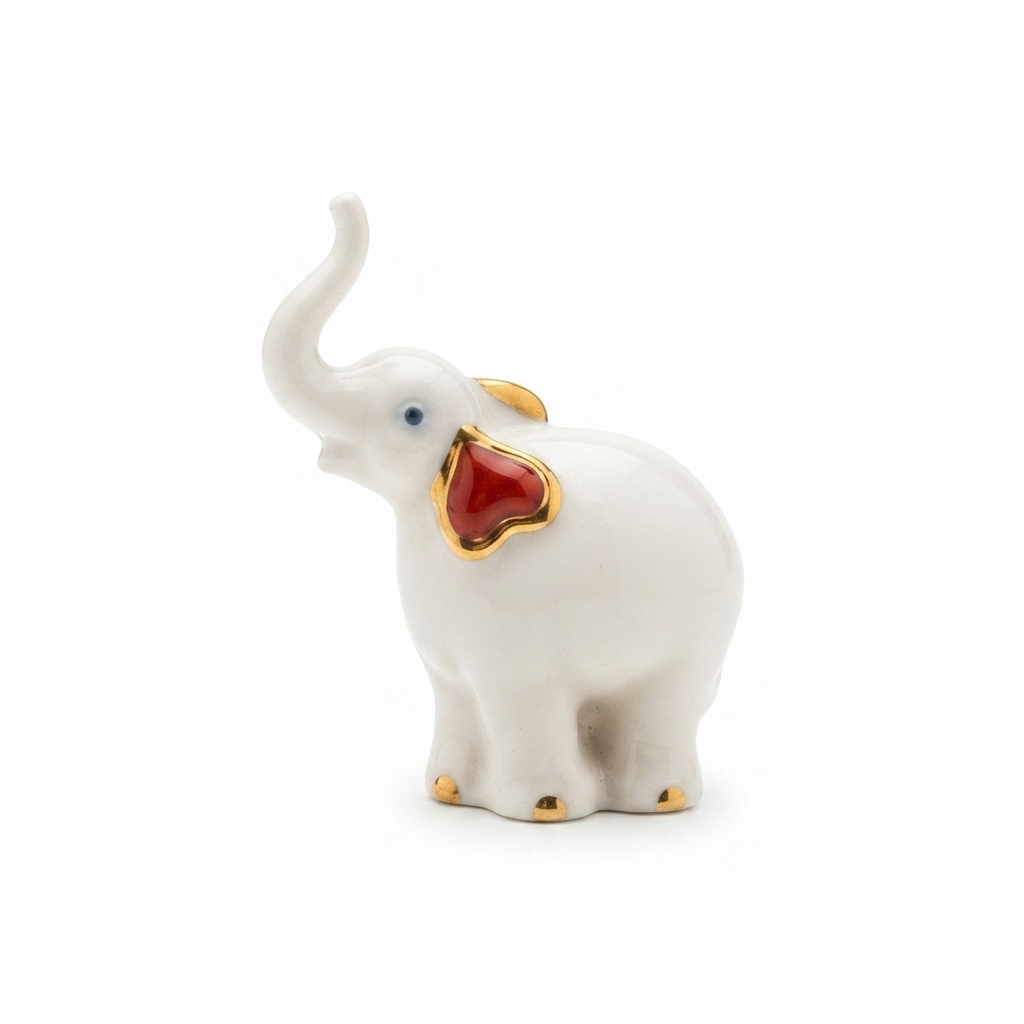 Ser Elefante Decorativo in Porcellana Bianca Rosso Oro 9x8 cm