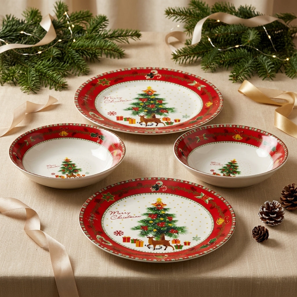 Servizio 18 Piatti Green Christmas in Porcellana per 6 Persone