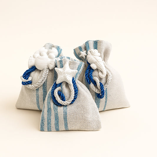 Set 10 sacchettini mare rigati azzurro e panna con gessetti
