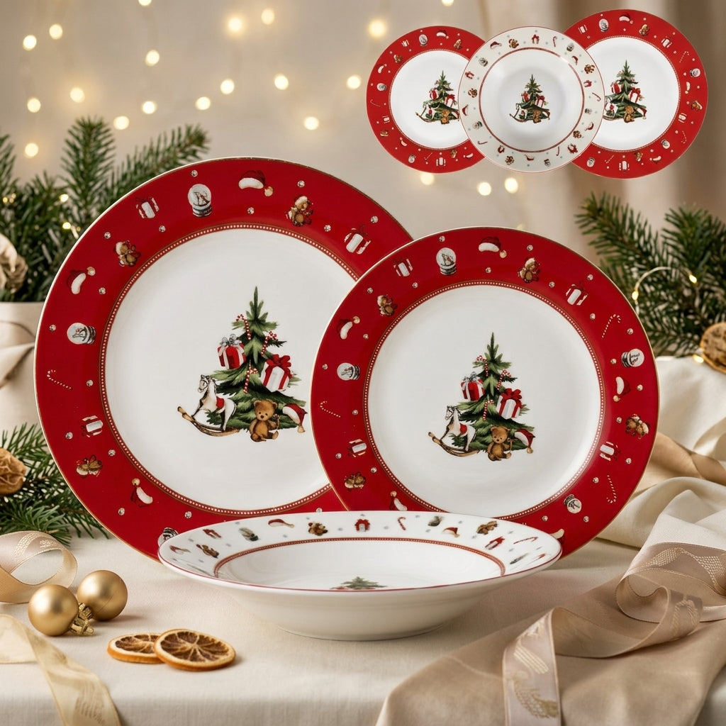 Set 18 Piatti Red Noel in Porcellana Natalizia per 6 Persone