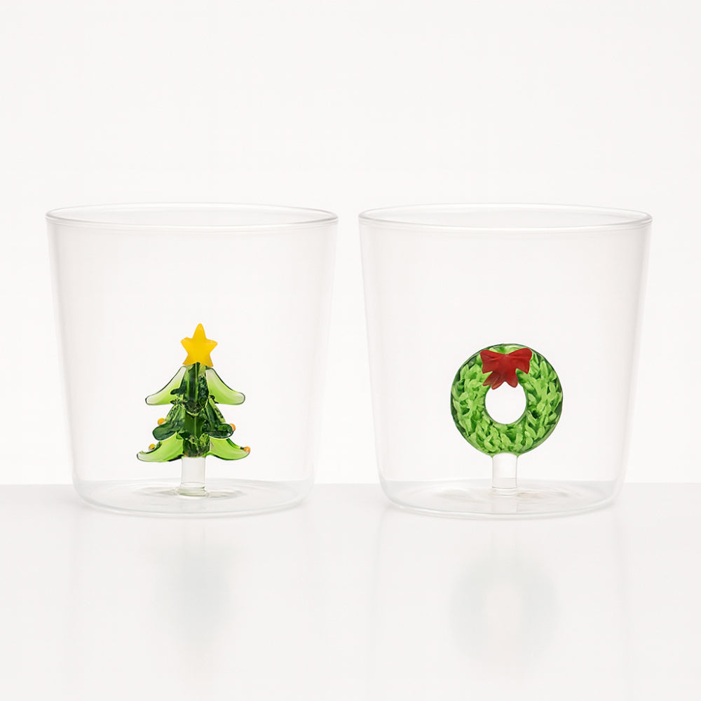 Set 2 bicchieri natalizi Babbomatto in borosilicato 9x8.5 cm eleganti e resistenti