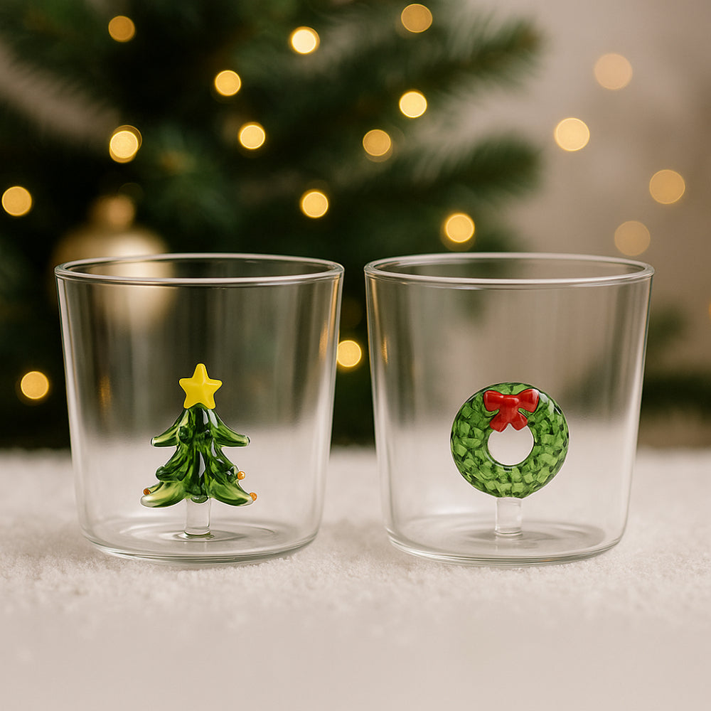 Set 2 bicchieri natalizi Babbomatto in borosilicato 9x8.5 cm eleganti e resistenti