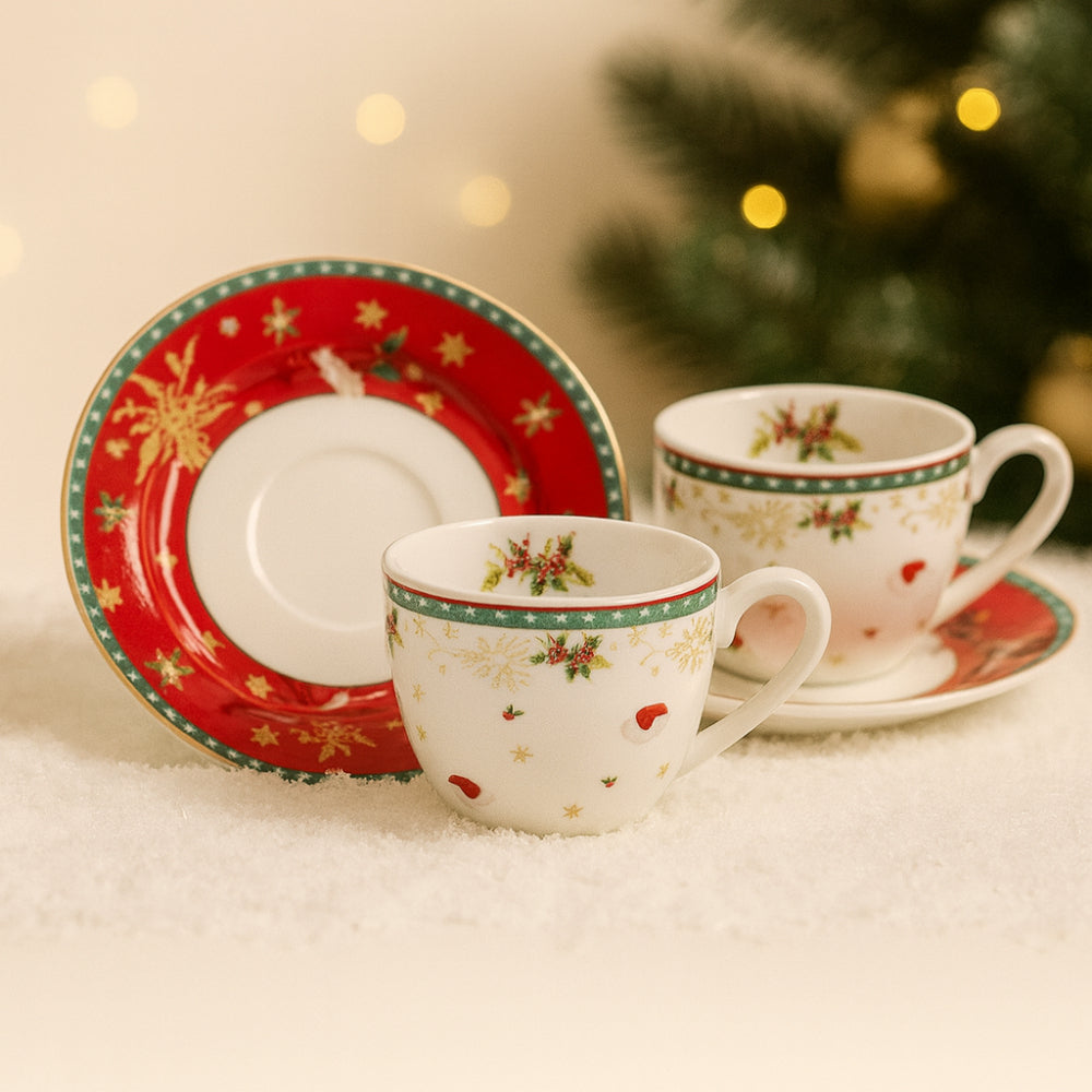 Set 2 tazzine Babbo Renna Babbomatto in porcellana con piattino Ø13 cm e tazza 5x9 cm