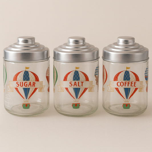 Set 3 barattoli in vetro 800cc con tappo alluminio e decoro mongolfiere