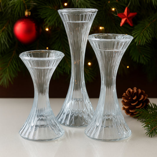 Set 3 porta candele in vetro trasparente 13,5 16 e 20 cm

