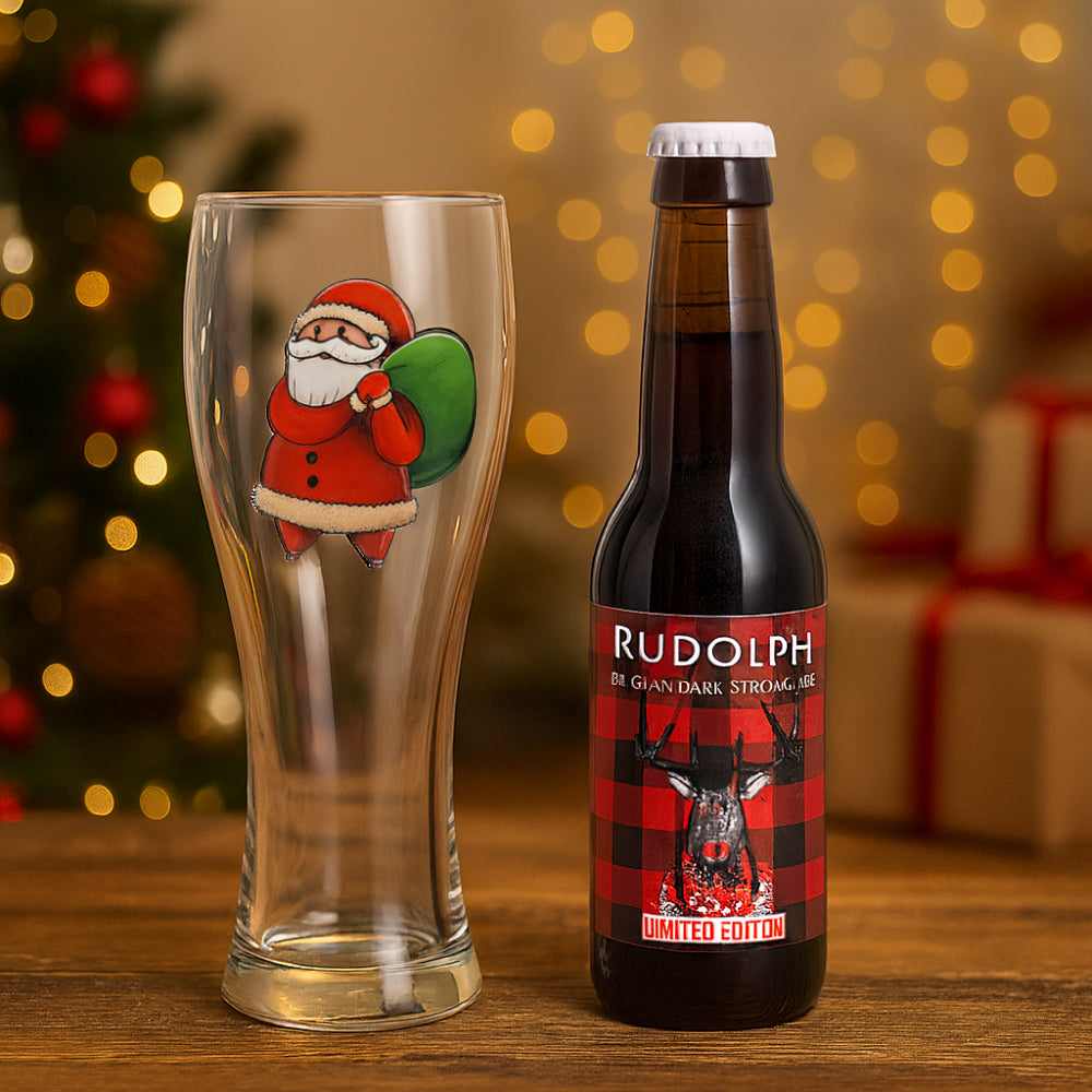 Set Rudolph bicchiere in vetro H 18x9 cm con bottiglia birra 33 cl Belgian Dark Strong Ale