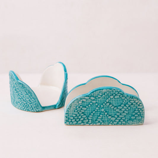 Set portabicchieri e portatovaglioli Arthesiana in ceramica color ottanio 10×9 cm e 9×9 cm