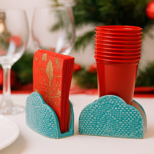 Set portabicchieri e portatovaglioli Arthesiana in ceramica color ottanio 10×9 cm e 9×9 cm