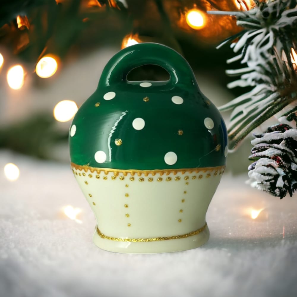 Sharon Campana del Buon Natale Oro e Verde Pois H.12x9x6 Cm In Porcellana Fine Dipinto A Mano Natale Capri