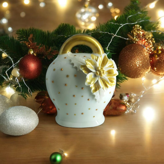 Sharon Campana con Stella di Natale Bianco e Oro H.11x9x5 Cm in Porcellana a