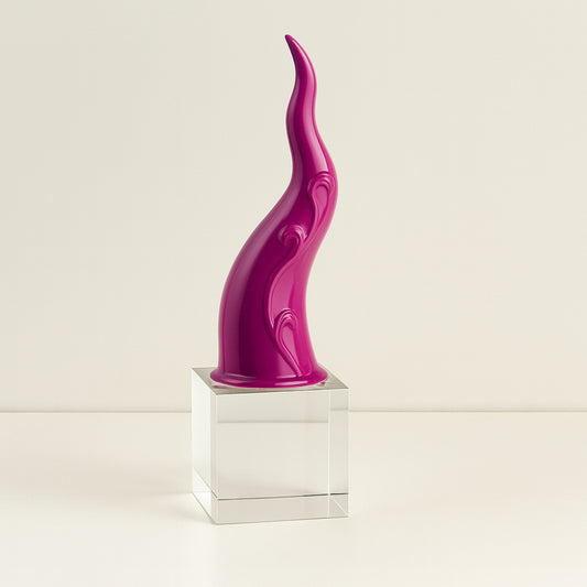 Sharon Corno Portafortuna In Porcellana su Cubo in Cristallo Fuxia H31 Cm