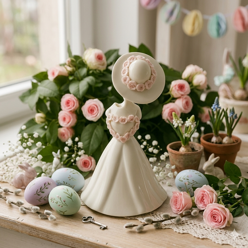 Sharon Diffusore Dama Porcellana Bianca Roselline Rosa H 18 cm