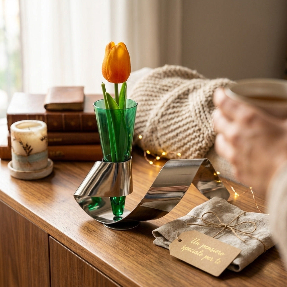 Sharon Vaso Wave Rolls Metallo Cromo Design H16x25 cm