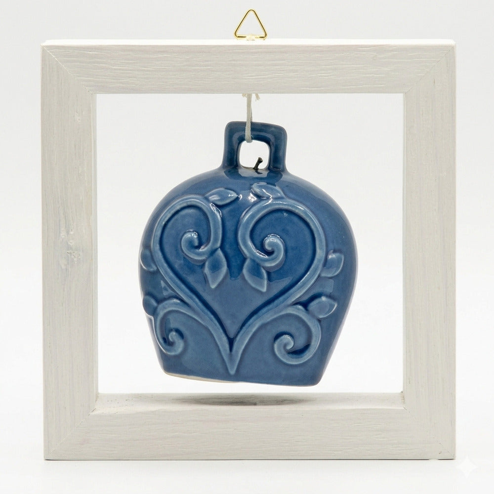 Spago di Terra Quadro Campana Bianca Ceramica con Cornice Legno 15x15 cm Vari Colori