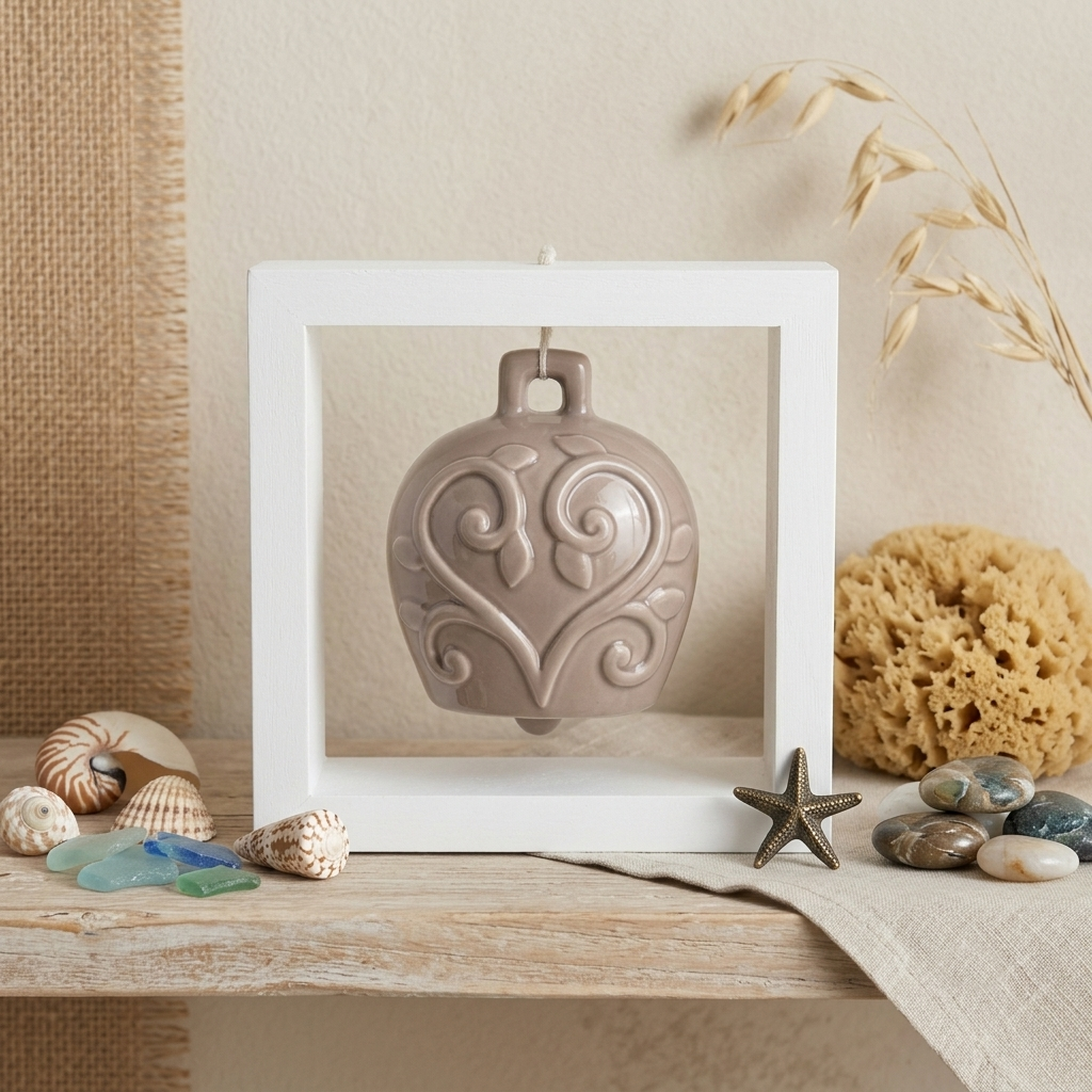 Spago di Terra Quadro Campana Tortora Ceramica con Cornice Legno 15x15 cm