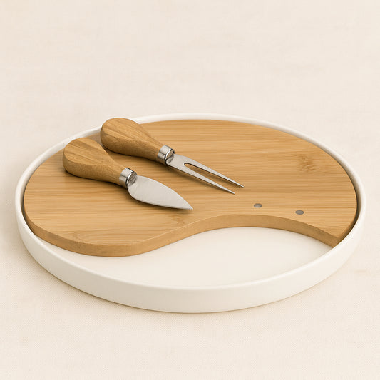 Tagliere formaggi Brandani Ø 23 cm in porcellana con base bamboo e 2 coltelli inox