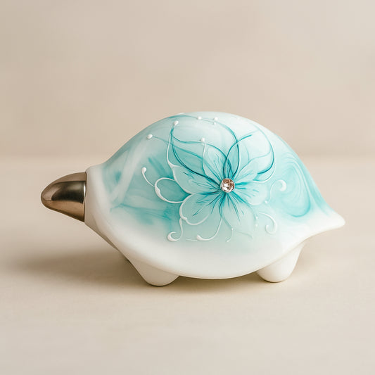 Tartaruga Sharon in porcellana 11 cm decoro acquamarina dipinta a mano