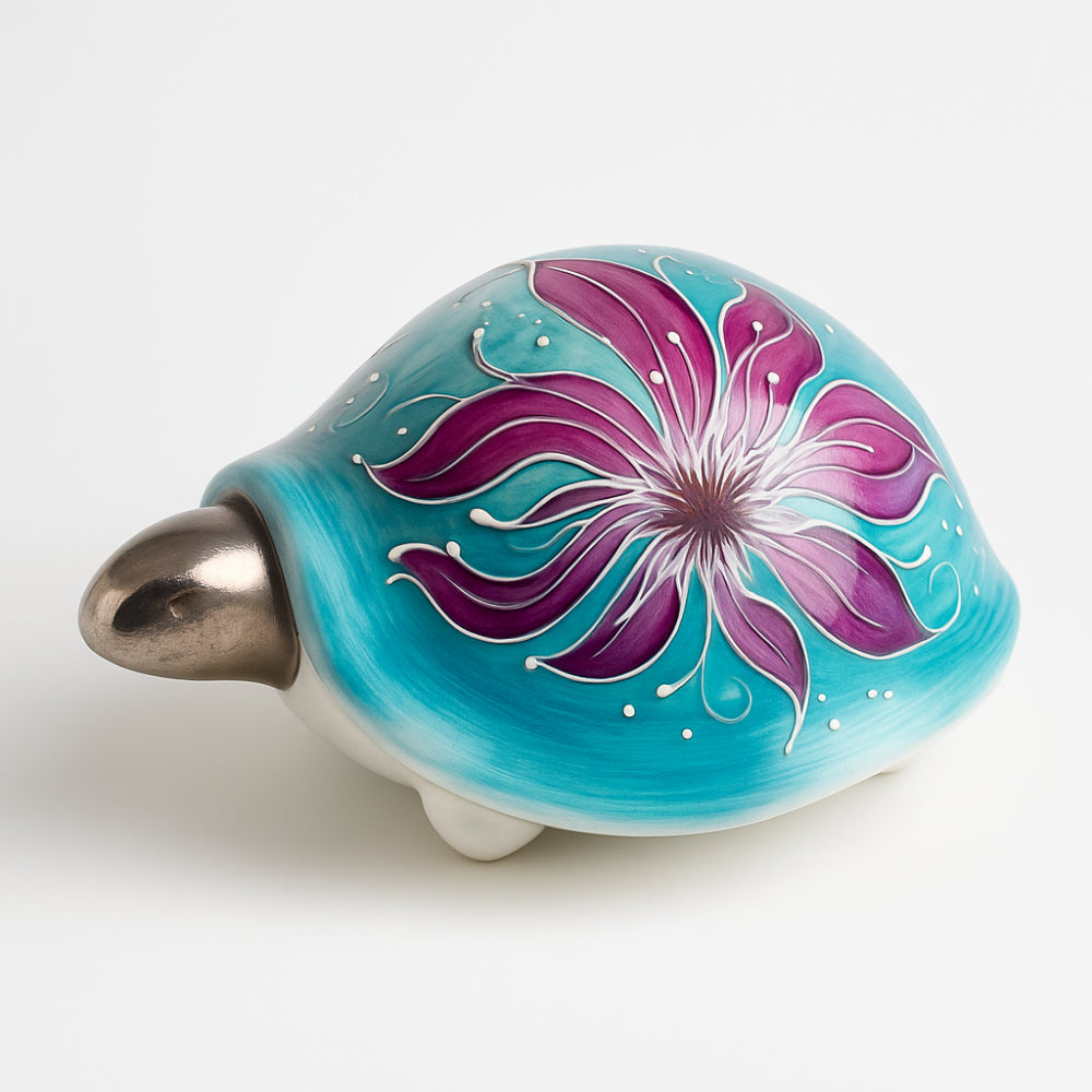 Tartaruga Sharon in porcellana 11 cm decoro acquamarina dipinta a mano da