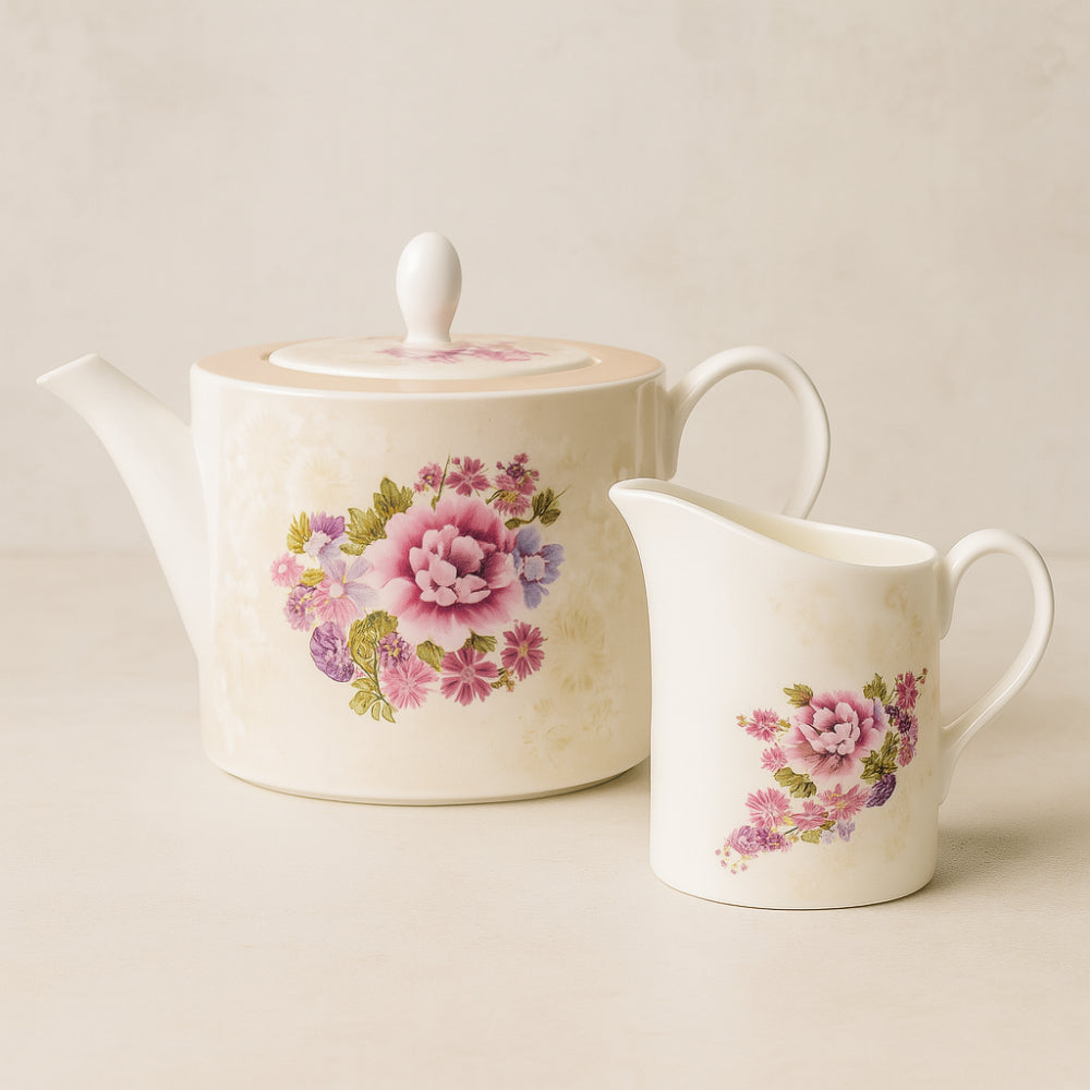 Teiera e Lattiera Blumarine Home Desire – Porcellana bianca decorata oro – Made in Italy

