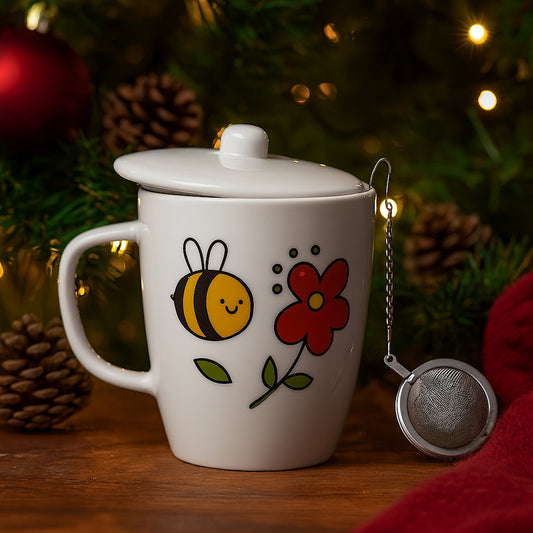 Tisaniera in ceramica Cuorematto MR.BEE 9x9x10,5 cm con filtro in acciaio, Made in Italy