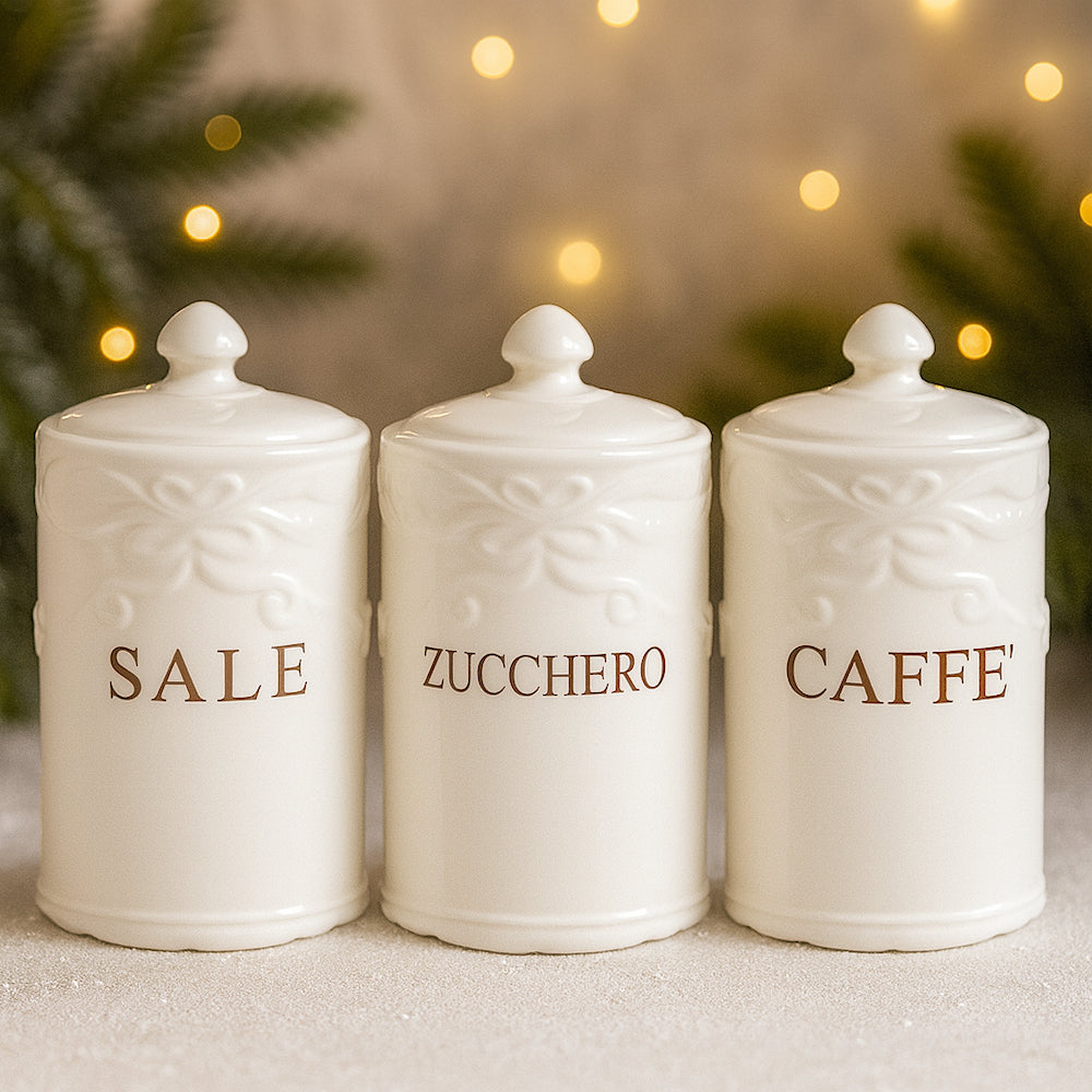 Tris barattoli ceramica L’Arte di Nacchi Caffè Sale Zucchero 10×10×18h