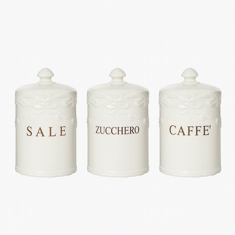 Tris barattoli ceramica L’Arte di Nacchi Caffè Sale Zucchero 10×10×18h